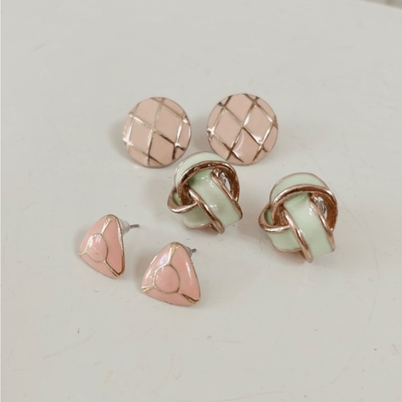 Vintage Enamel Gold Statement Earrings Knot Braided Geometric Stud Pink Green - Picture 2 of 8